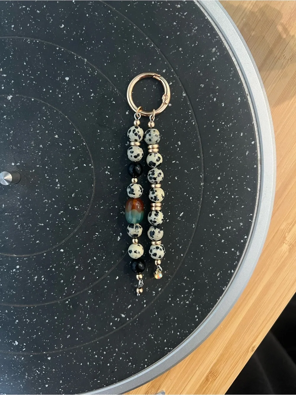 Beaded Dangle Keychain - Spotted Dalmatian Jasper and Multicolor Accent